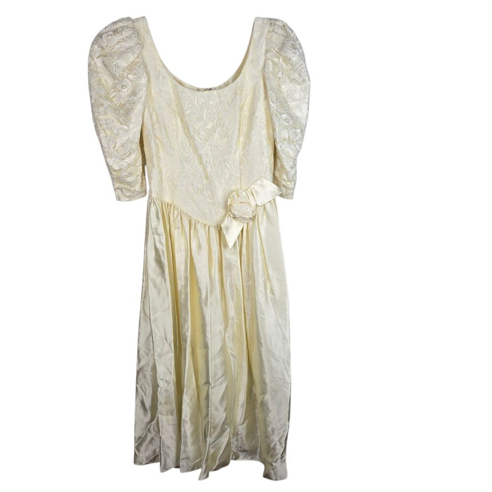 Vtg Dance Allure Alfred Angelo Ivory Satin Lace Dress 13/14 Puff Sleeve V-Waist